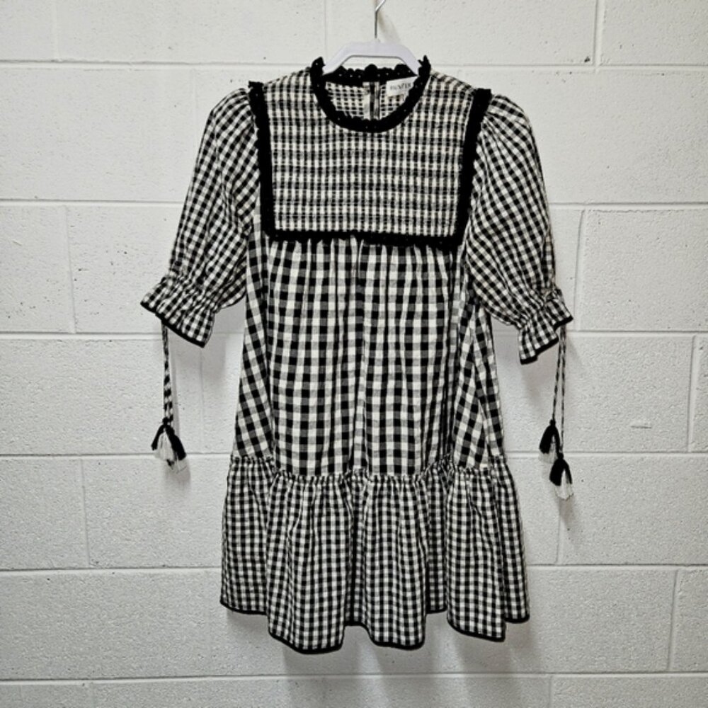 Hunter Bell Megan Gingham Smocked Puff Sleeve Checkered dress Size Xs